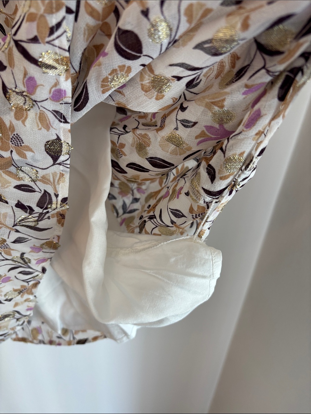 Ann Taylor Cream Floral metallic ruffle Long-Sleeve Peasant smocked blouse XL - Picture 8 of 12